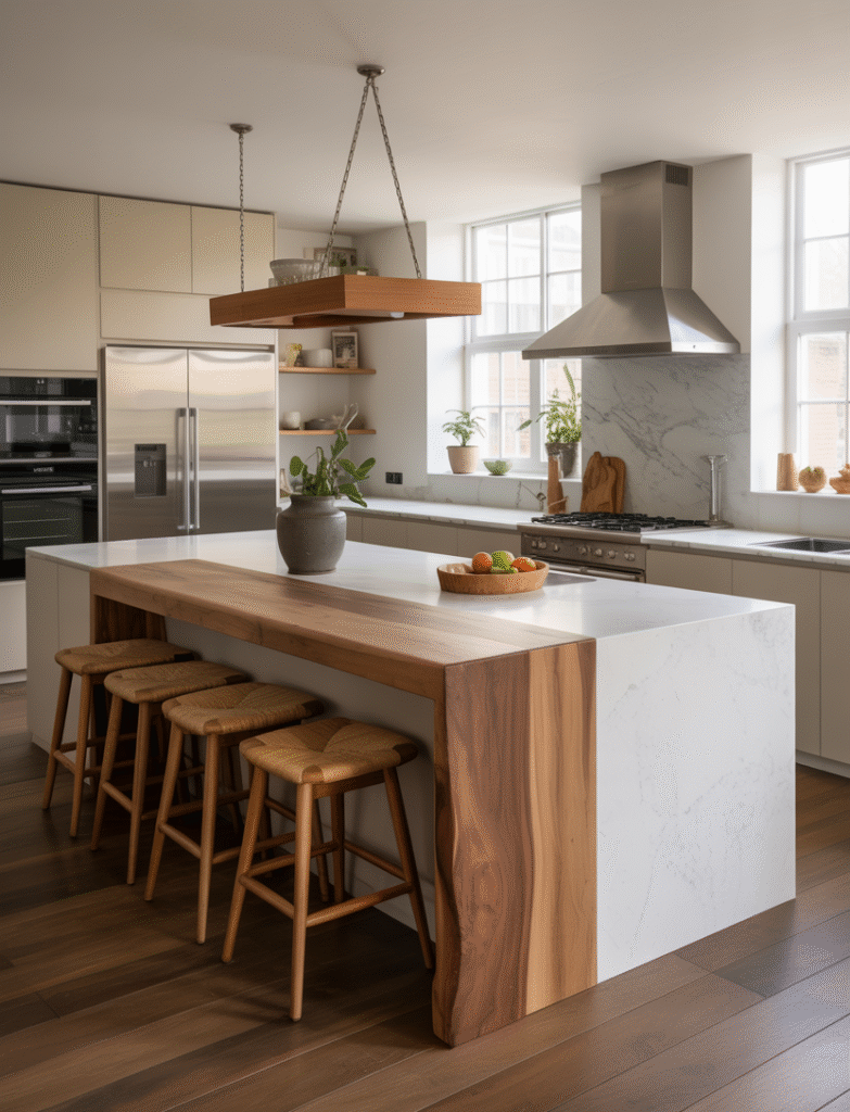 Modern kitchen island with wooden accents, blending warmth and texture with sleek materials like marble for a balanced, stylish design.