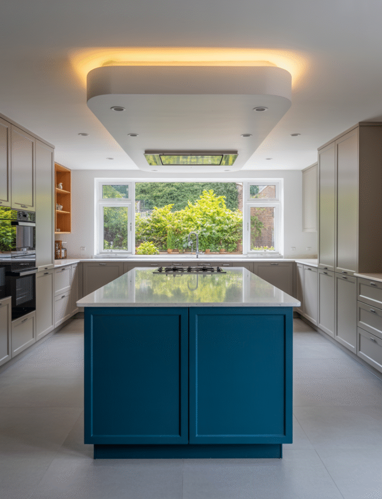 Modern kitchen with a bold two-tone island, featuring a dark base and light marble top for a striking contrast.