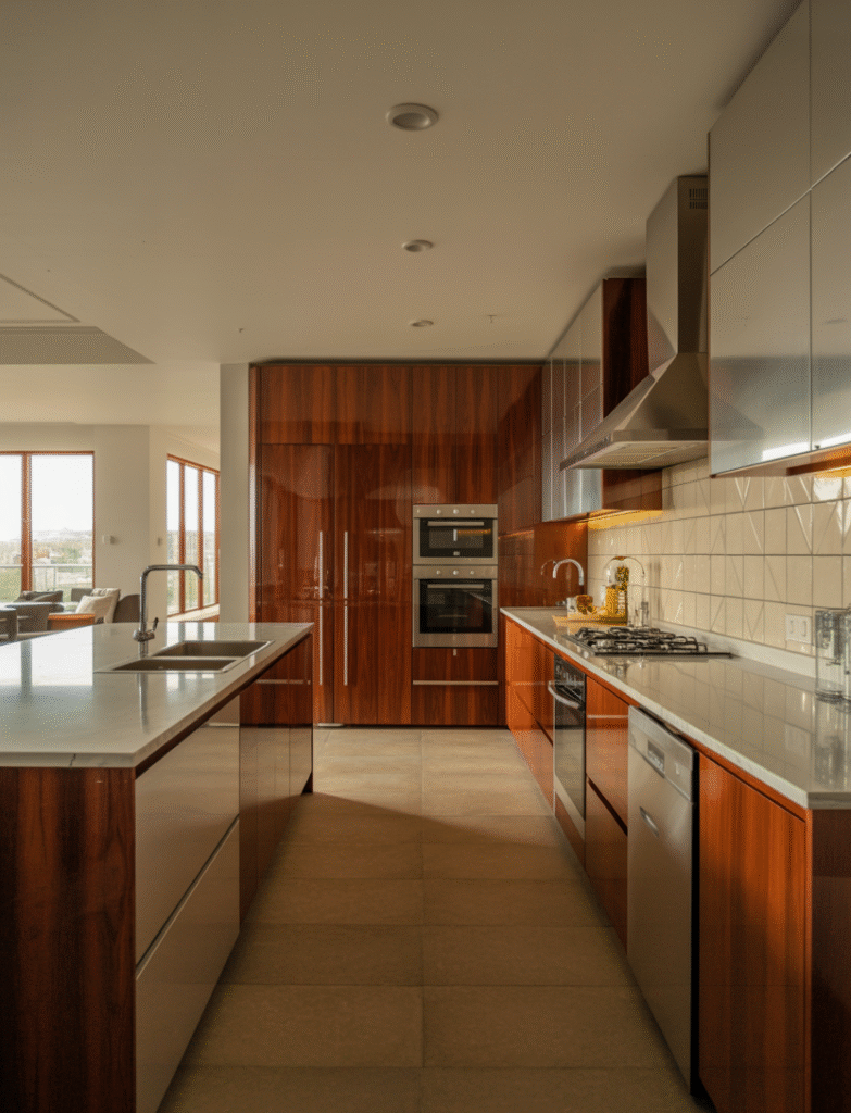 Kitchen island with marble and wood fusion, creating a beautiful contrast of elegance and warmth.