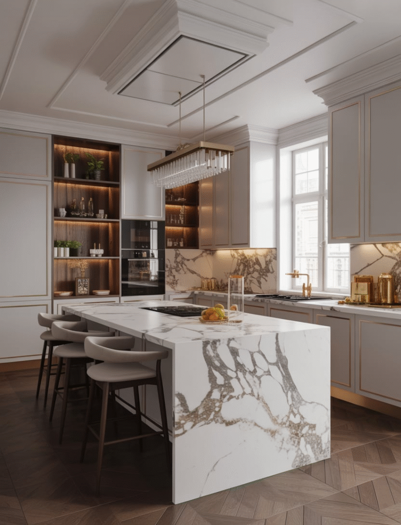 Luxurious kitchen island with marble countertop and gold accents, adding sophistication and elegance to the space.