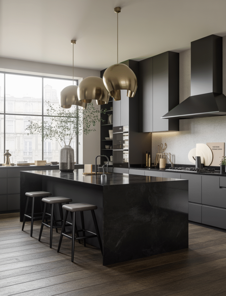 Elegant black kitchen island as a bold centerpiece, adding modern sophistication to the kitchen space.