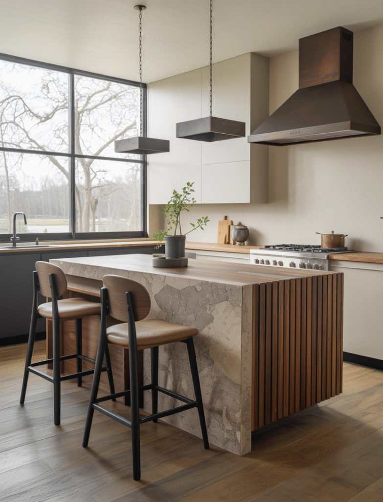 Kitchen island with a mix of wood, stone, and metal materials, creating a dynamic, textured focal point in the modern kitchen.