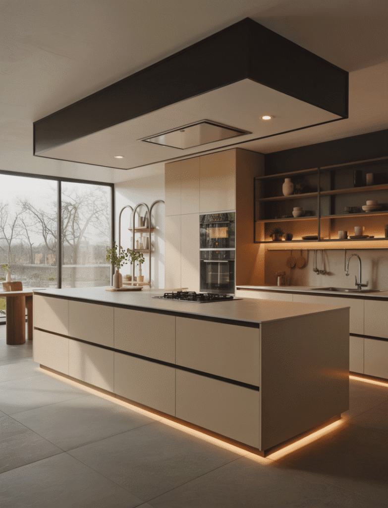Modern kitchen with a sleek island featuring a glowing backlit base, adding a soft, ambient light to the contemporary space.