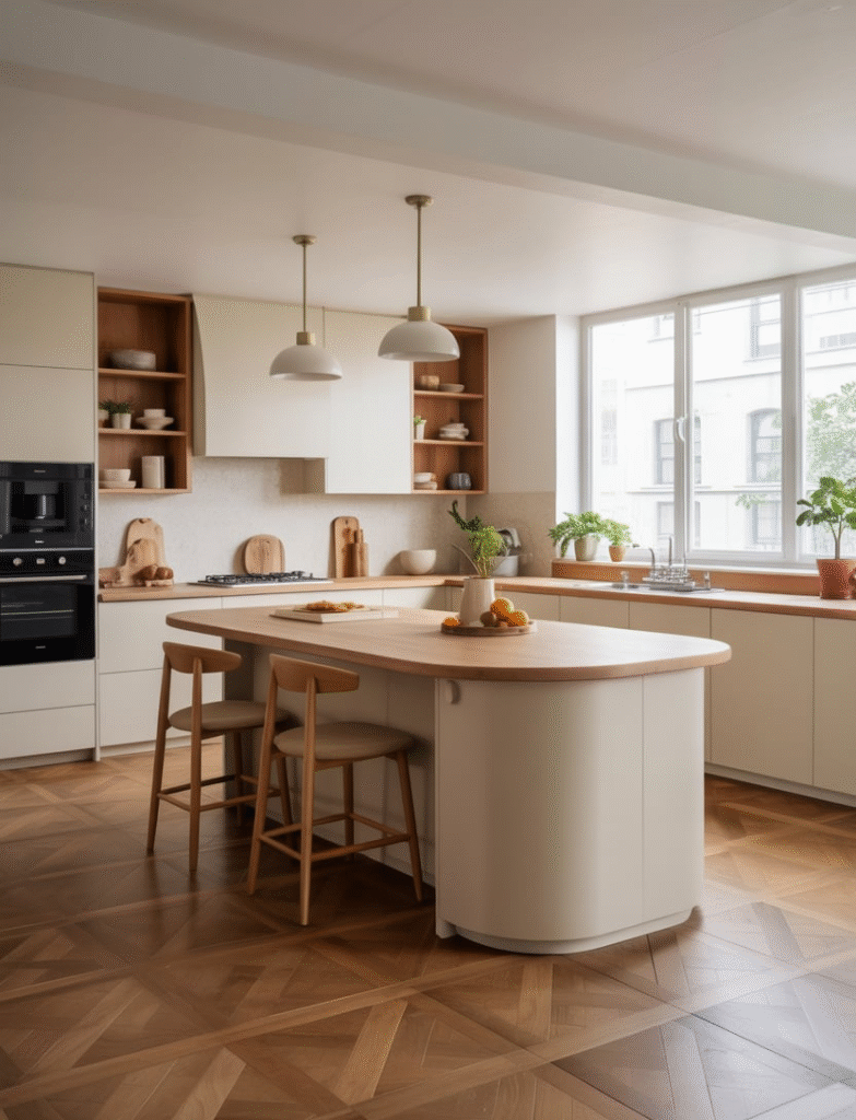 Kitchen with a curved island design, offering a soft and flowing aesthetic that promotes movement and interaction.