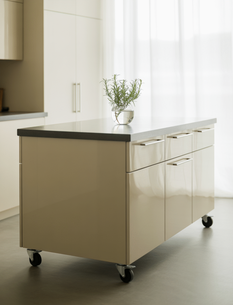 Mobile kitchen island on wheels, offering flexible design and additional storage for smaller kitchens.