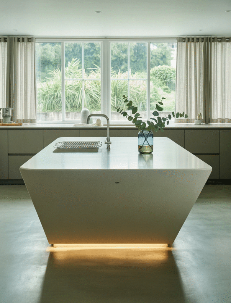 Modern kitchen with a bold, angular geometric island, featuring sharp lines and contemporary sculptural design.