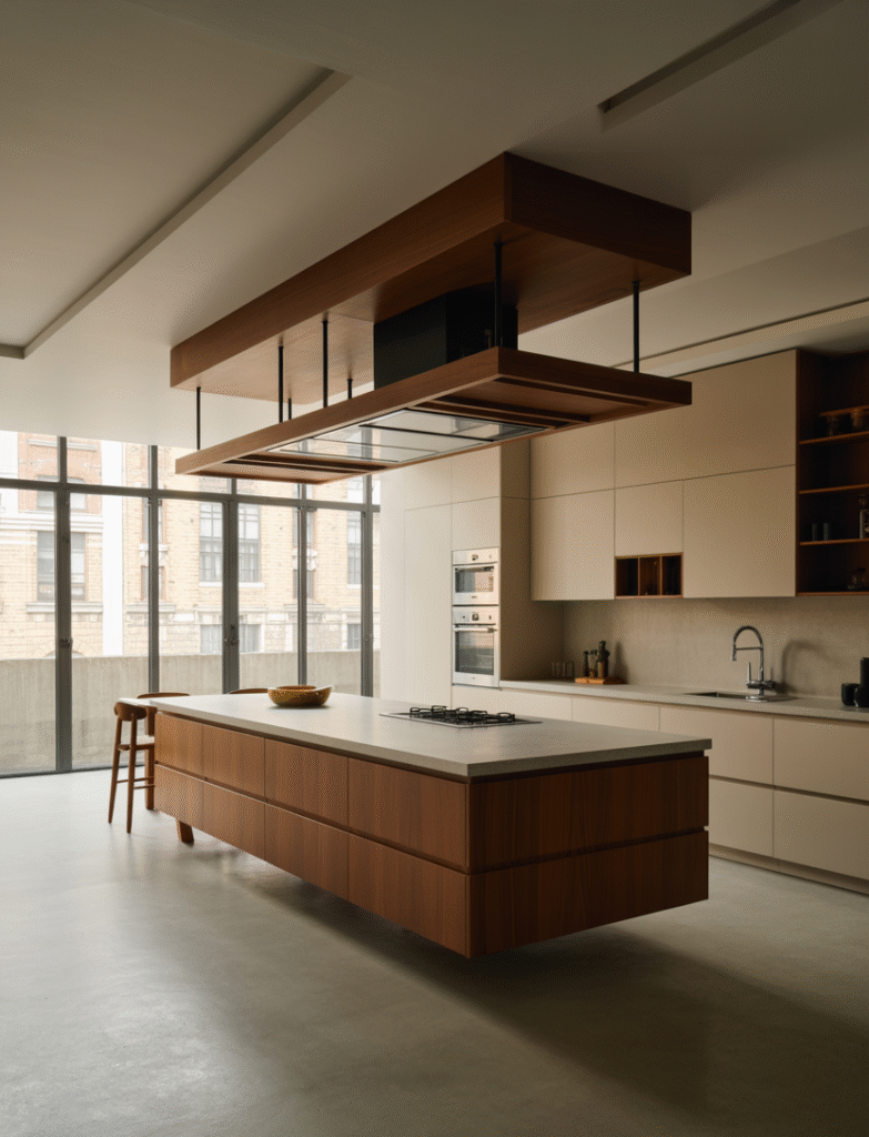 Modern floating kitchen island suspended above the floor, creating an airy and spacious atmosphere in the contemporary kitchen.