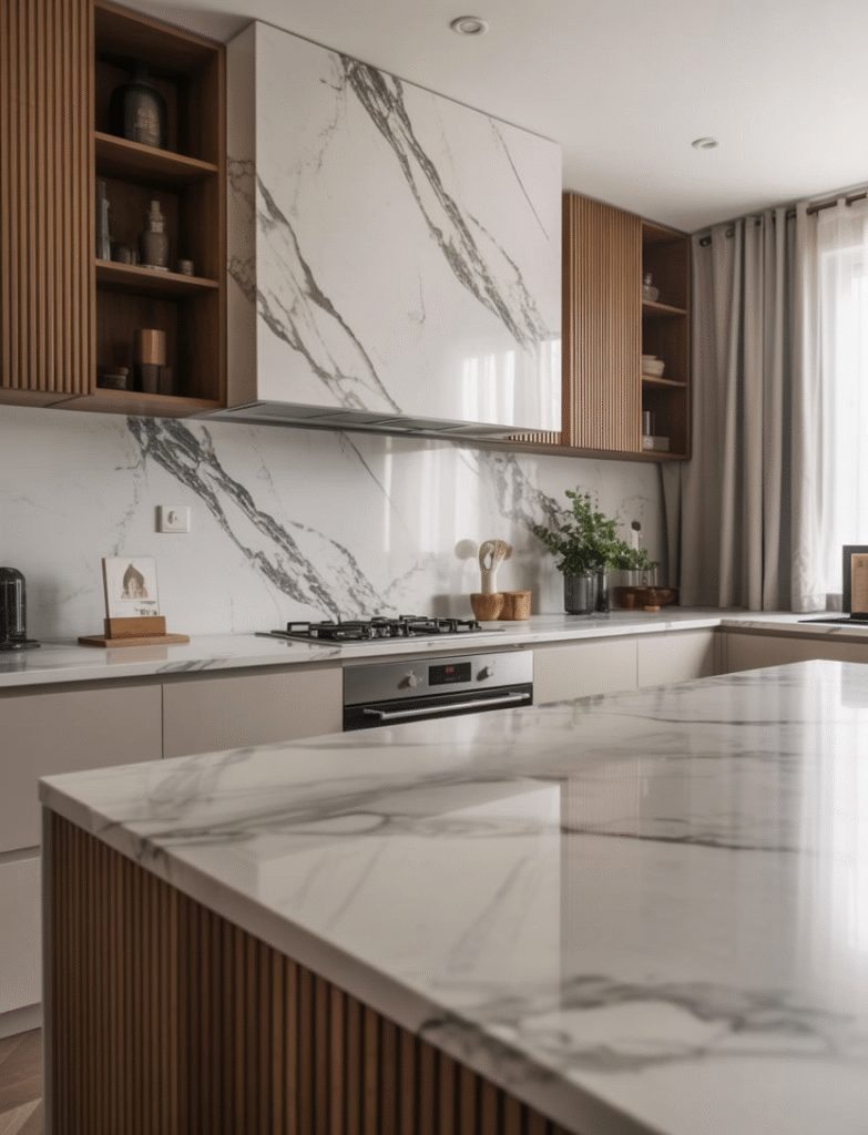 Luxury kitchen with sleek marble countertops, showcasing bold veining and a minimalist, modern design.