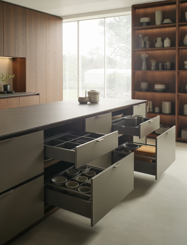 Modern kitchen with chic hidden storage solutions, offering a clean and organized look with concealed drawers and shelving.
