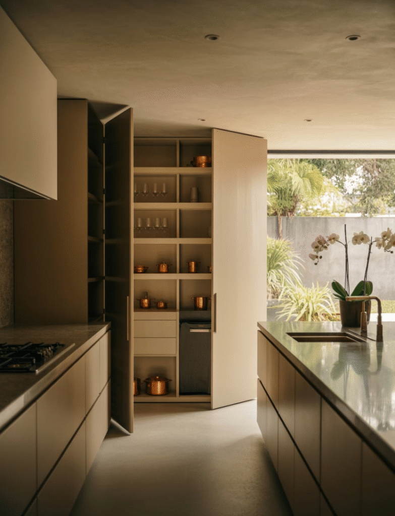 Luxury kitchen with an integrated pantry, featuring sleek cabinetry and custom shelving for organized, space-saving storage.
