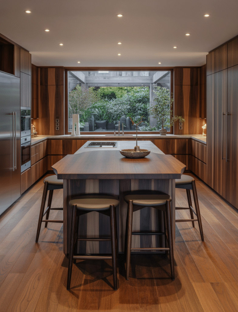 Luxury kitchen featuring natural wood flooring that adds warmth and sophistication to the modern design.