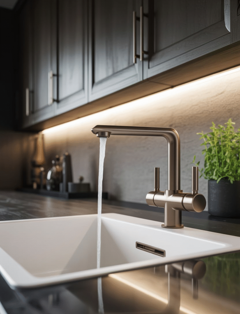 Stylish kitchen featuring a luxury faucet with a farmhouse sink, combining convenience with elegant design.