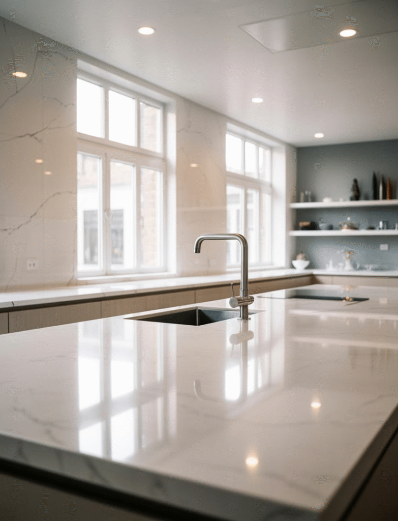 Luxury kitchen with a seamless quartz backsplash, adding elegance and ease of maintenance to the design.