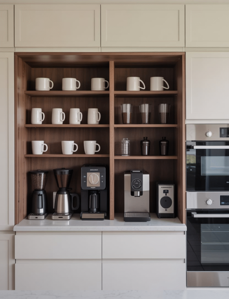 Modern kitchen with an integrated coffee bar, featuring sleek cabinetry and built-in storage for coffee accessories.