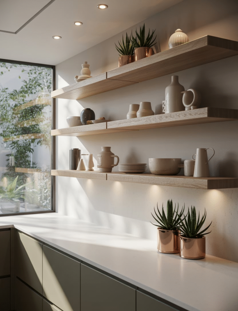 Contemporary kitchen with floating shelves, offering stylish and open storage for kitchenware and decor.