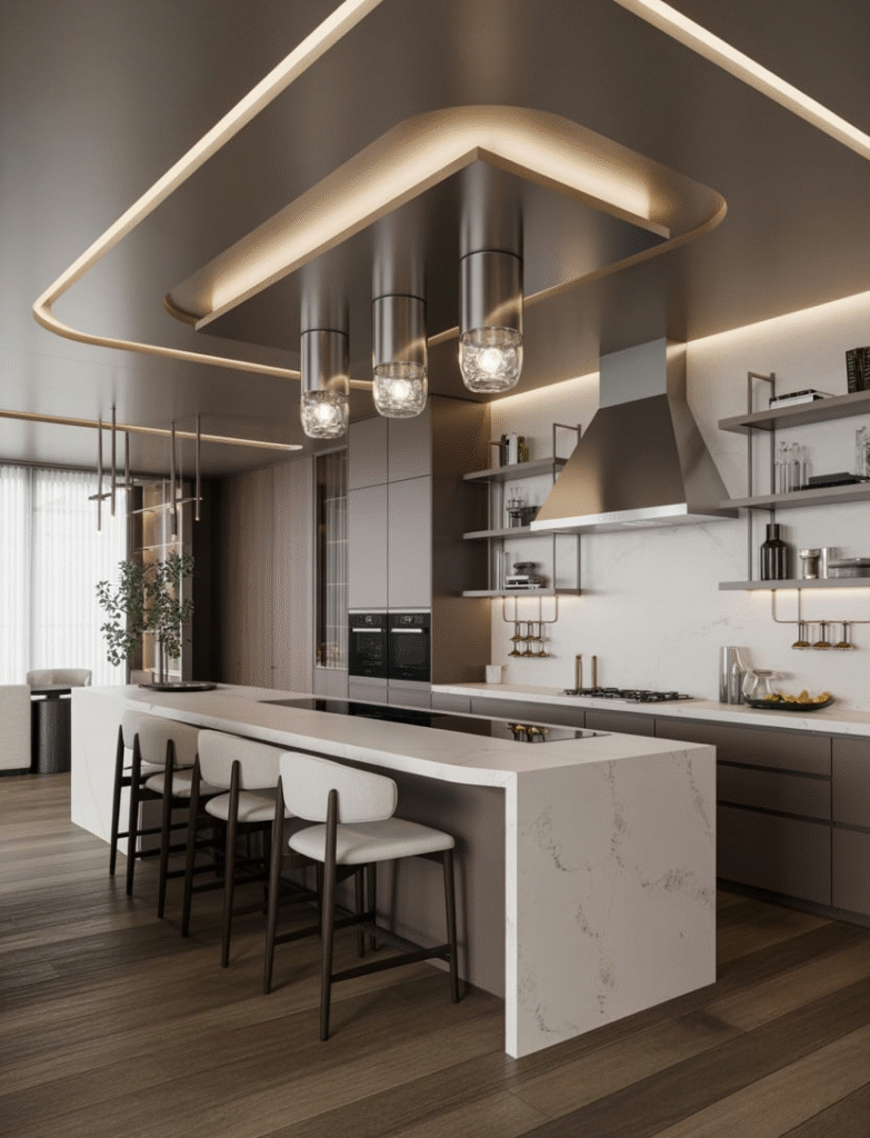 Luxurious kitchen with a marble kitchen island, featuring built-in storage, prep sinks, and seating, becoming the heart of the space.