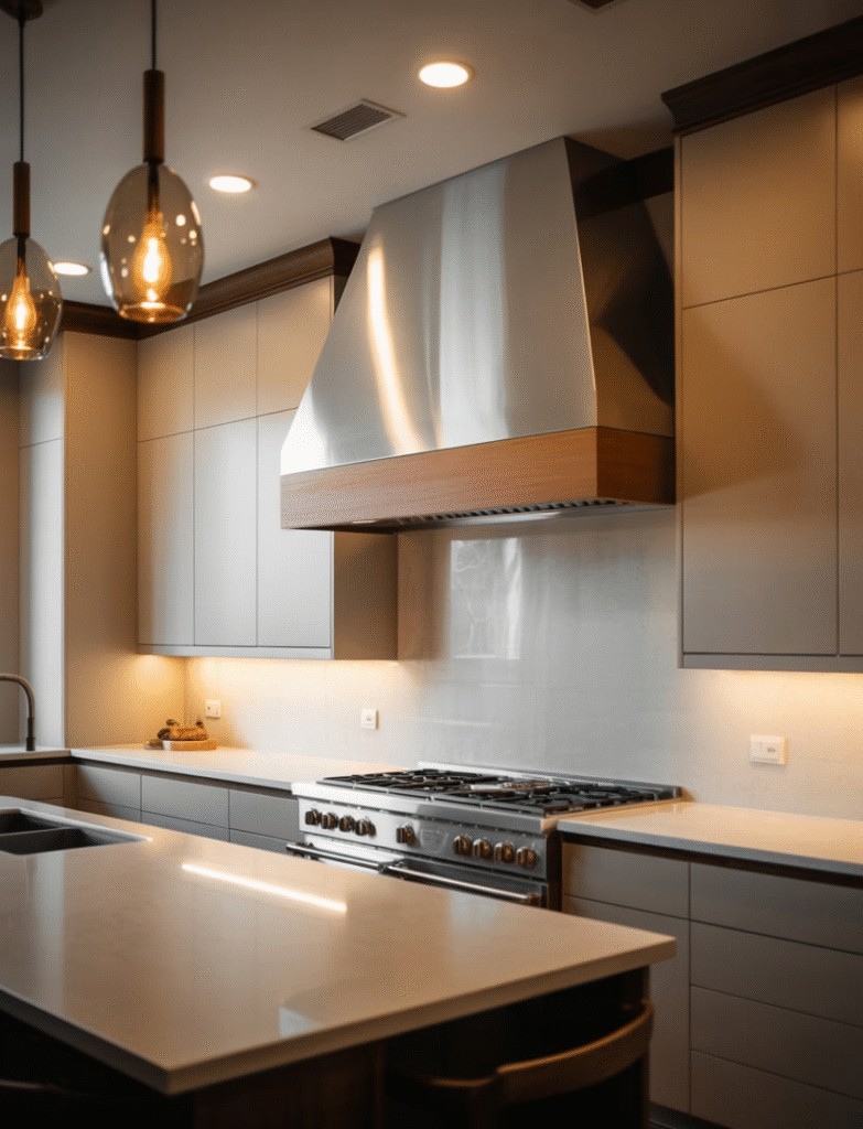 Luxury kitchen with a designer range hood, blending style and functionality to create a professional-grade look.