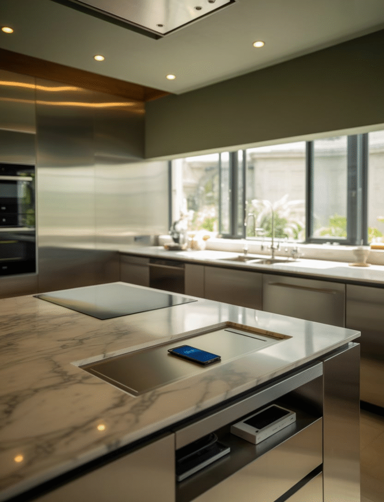 Modern kitchen featuring hidden charging stations integrated into the cabinetry, keeping devices organized and out of sight.