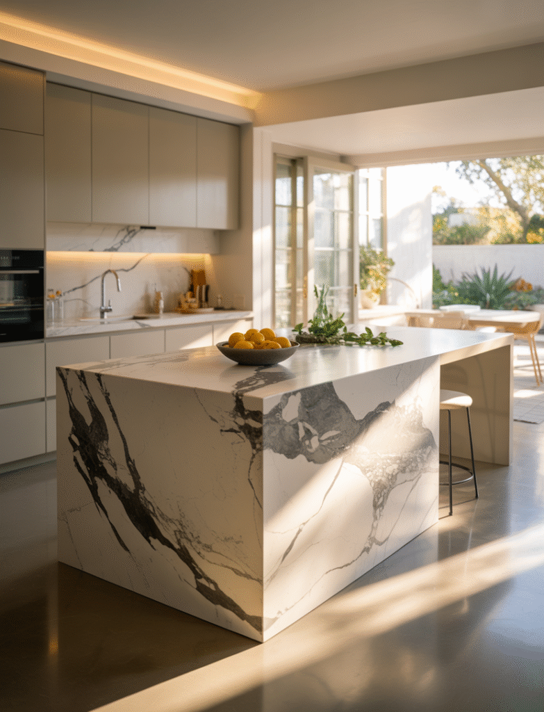 Luxurious kitchen island with a natural stone countertop, showcasing unique veining for a timeless and sophisticated look.