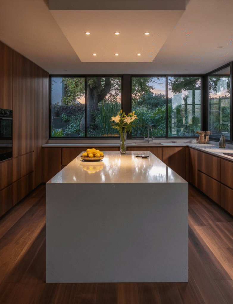 Modern kitchen with smart lighting control, allowing customizable lighting for every task and ambiance.