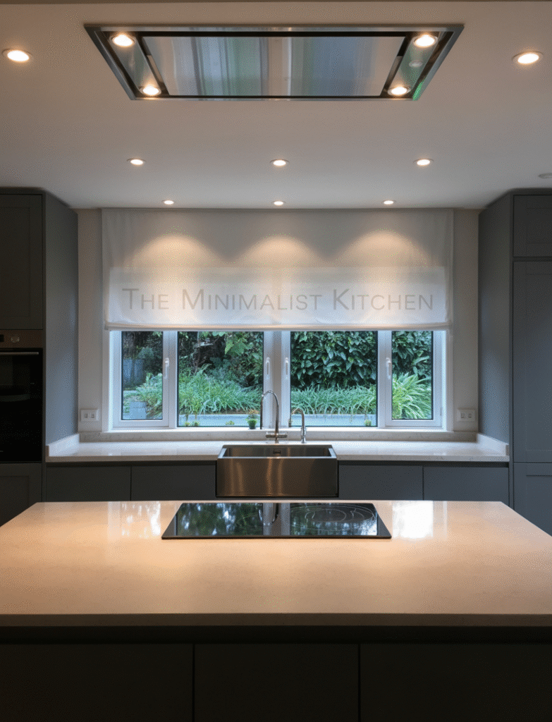 Minimalist kitchen featuring recessed lighting, offering subtle and even illumination for a clean, modern look.