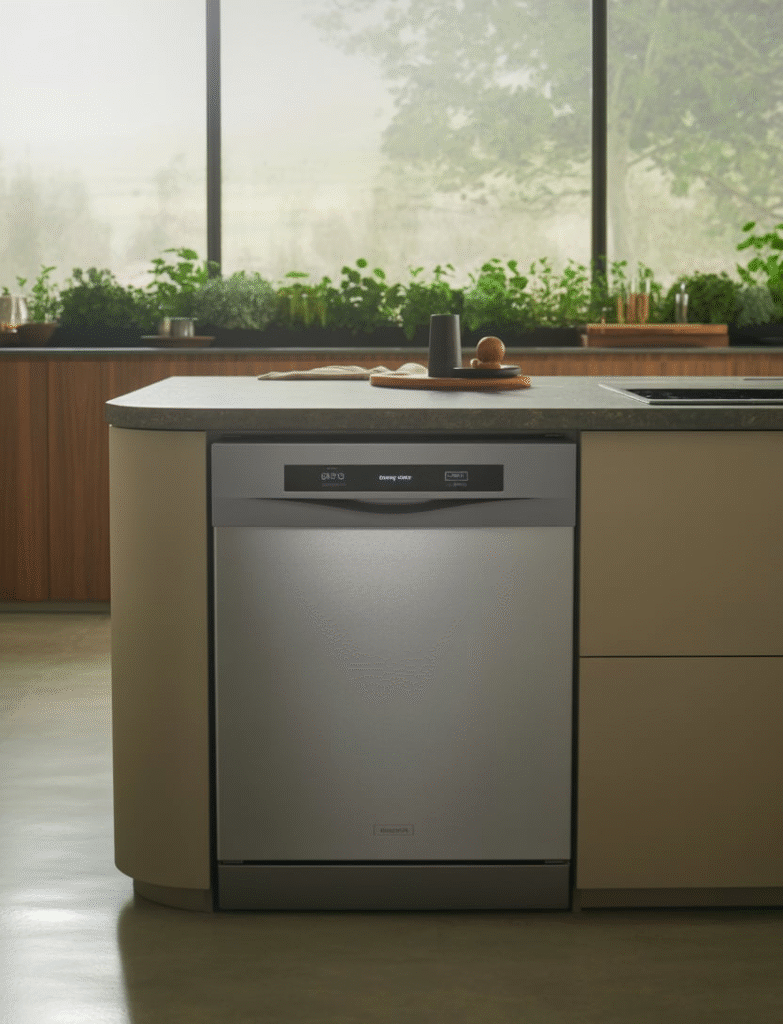 High-end kitchen with a professional-grade dishwasher, providing quiet, efficient cleaning with a sleek design.