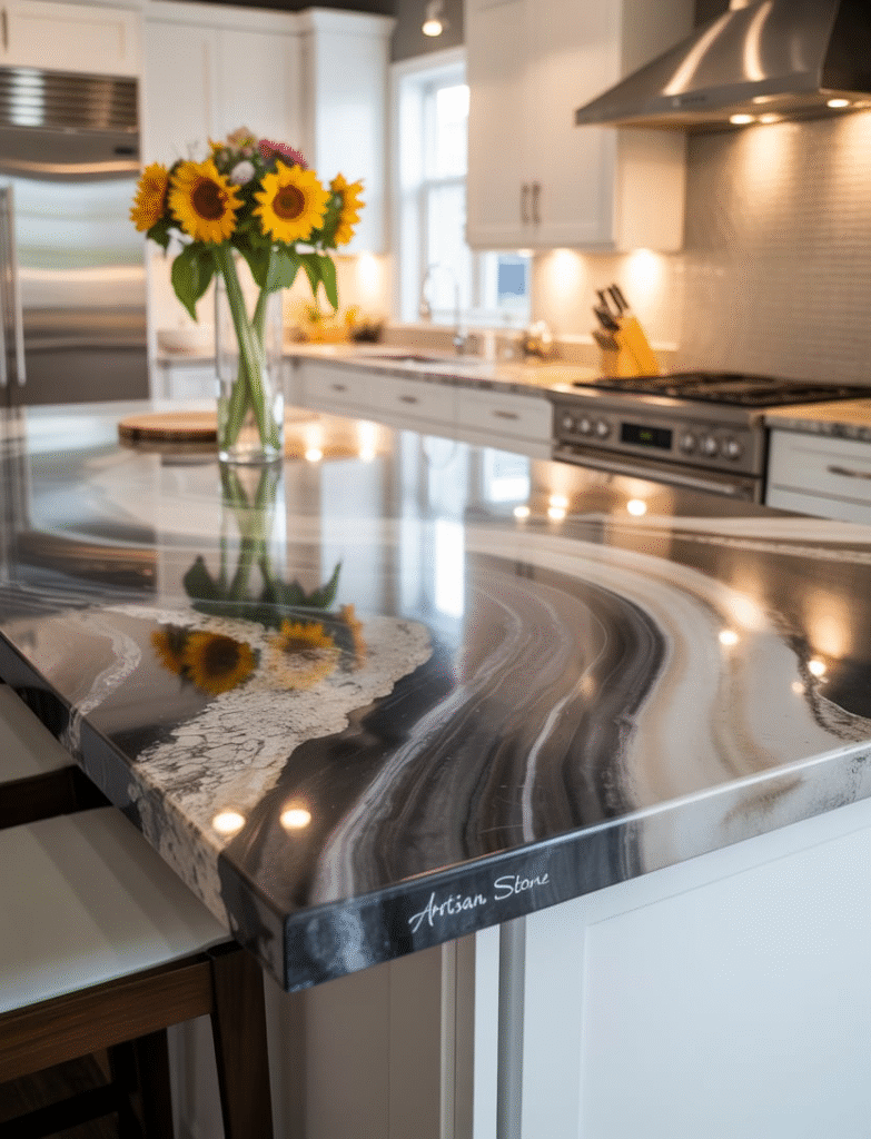 Luxury kitchen with quartz and granite fusion countertops, offering a perfect balance of durability and elegance.