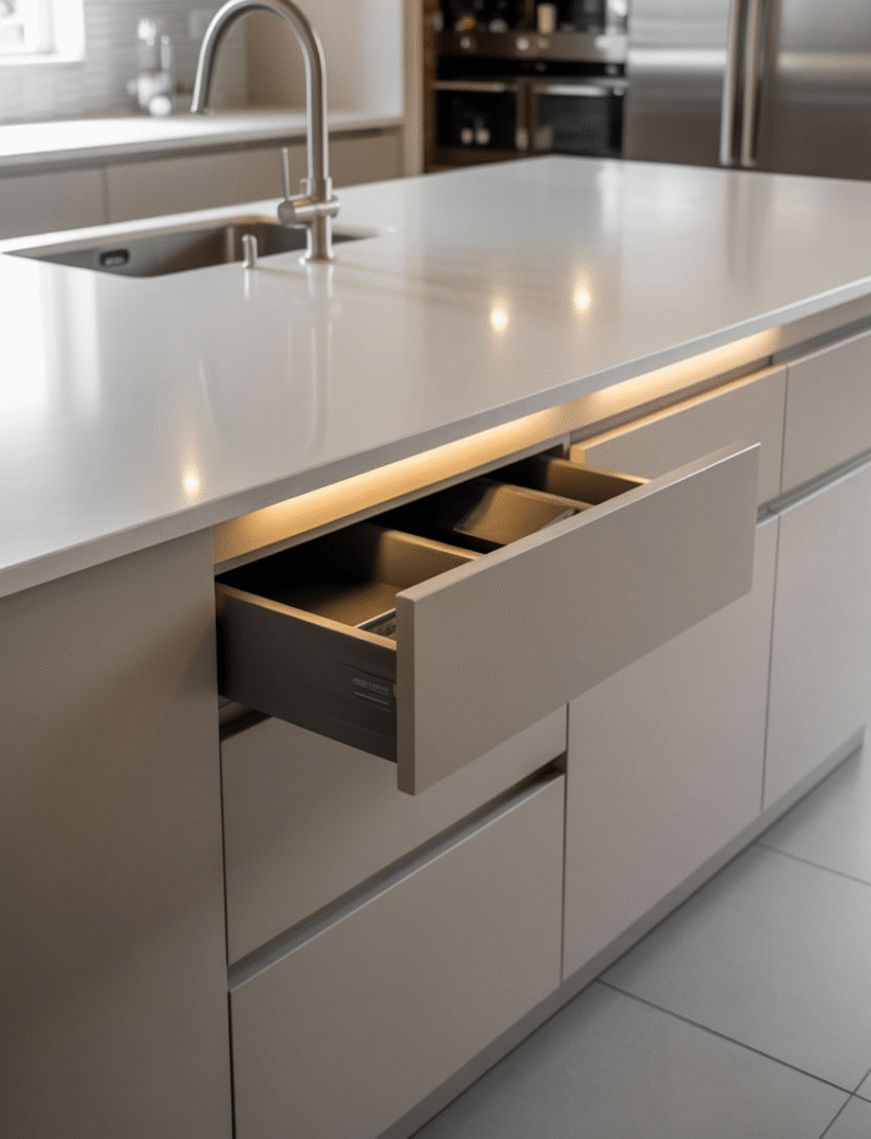 Modern kitchen island with hidden storage drawers integrated into the design, offering a sleek and efficient storage solution.