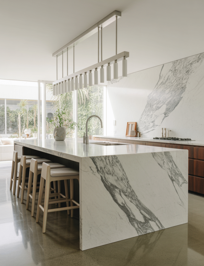 Elegant kitchen island with a marble waterfall design, showcasing luxurious veining and seamless flow for a timeless look.