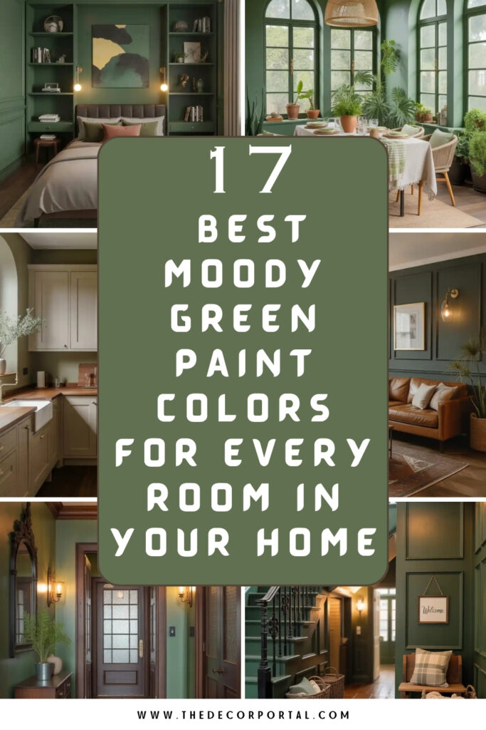 Title image for the article best moody green paint colors displaying images and the title.