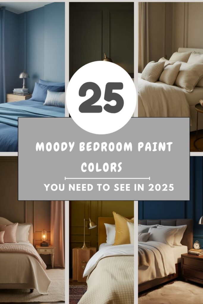 Title image for moody bedroom paint colors portraying title and images.