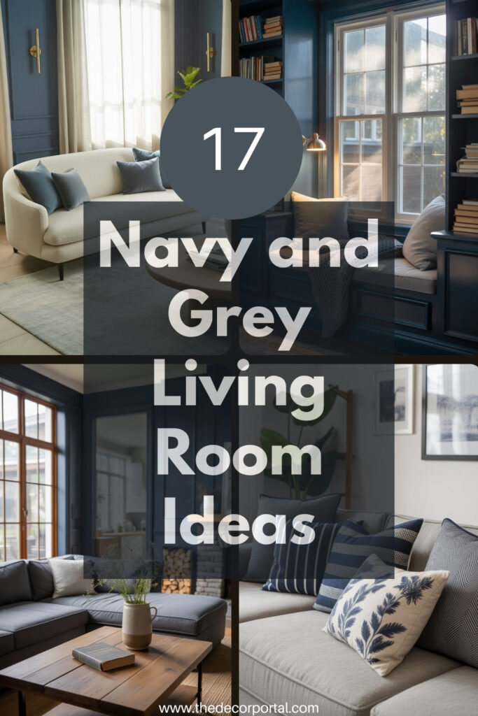 Title image for navy and grey living room ideas.