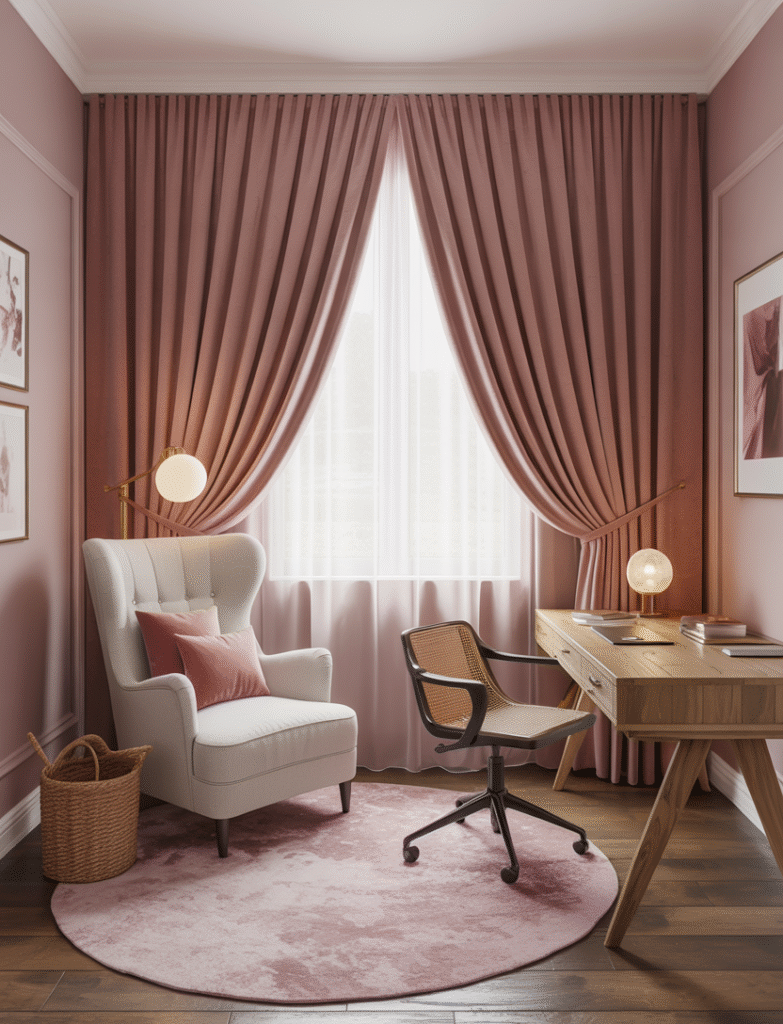 Dusty pink velvet curtains hanging in a cozy office with a plush chair and matching cushions for a luxe, soft look.