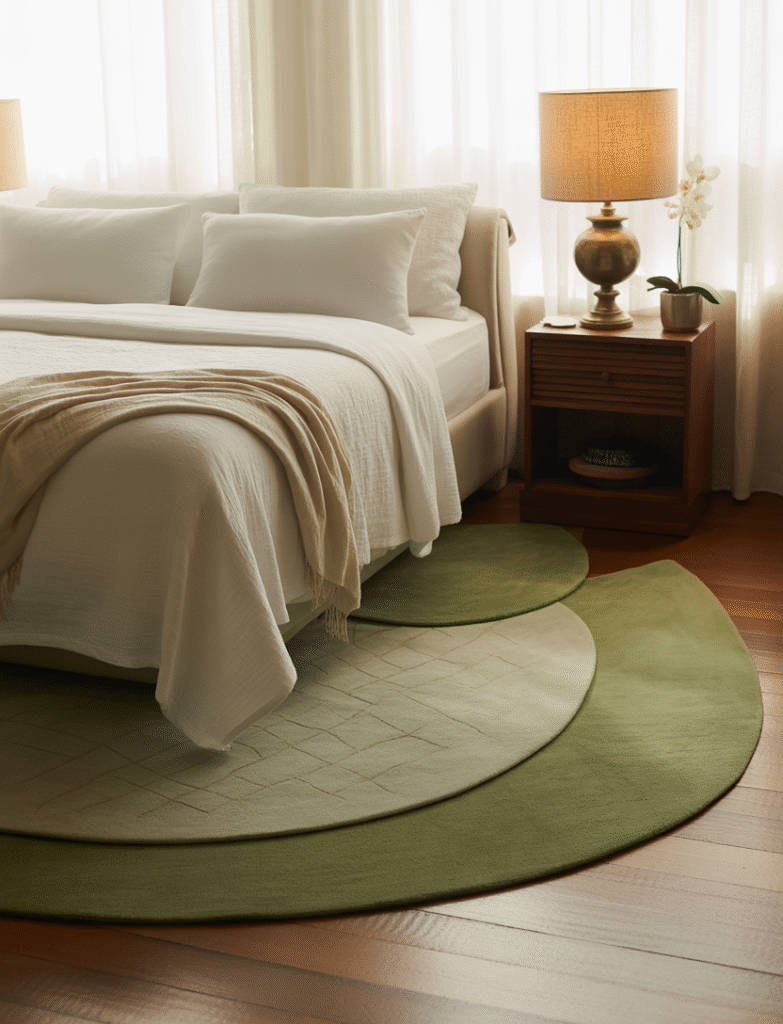 Bedroom with layered sage green rugs in subtle prints and solid colors, adding warmth and cohesiveness to the space.
