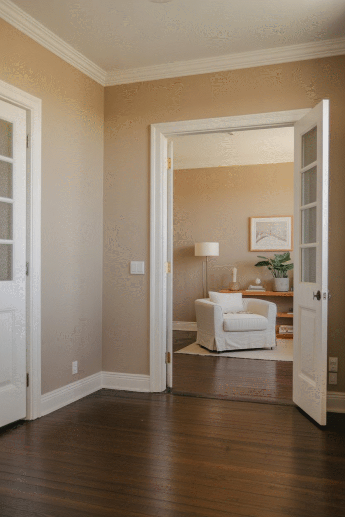 Beige accent wall lightening a space with rich, dark flooring