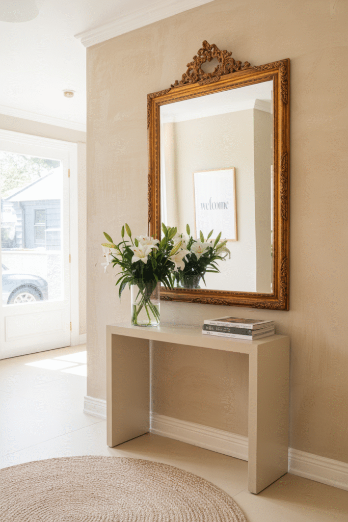 Warm beige accent wall in entry hallway with inviting neutral decor