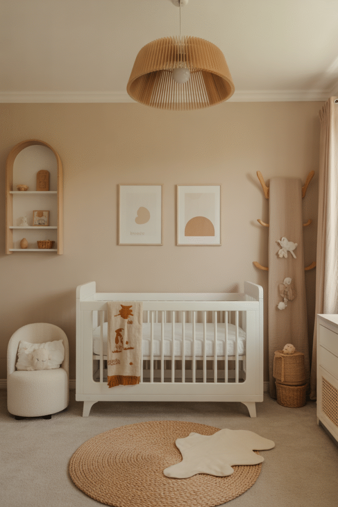 Soothing beige nursery accent wall paired with baby-friendly decor