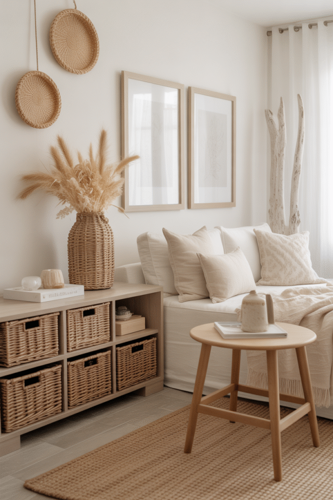Woven baskets sit under a console in a serene, beach-inspired room with soft tones.