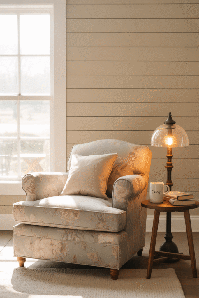 Cottage-inspired beige paneling creating texture and warmth in living space