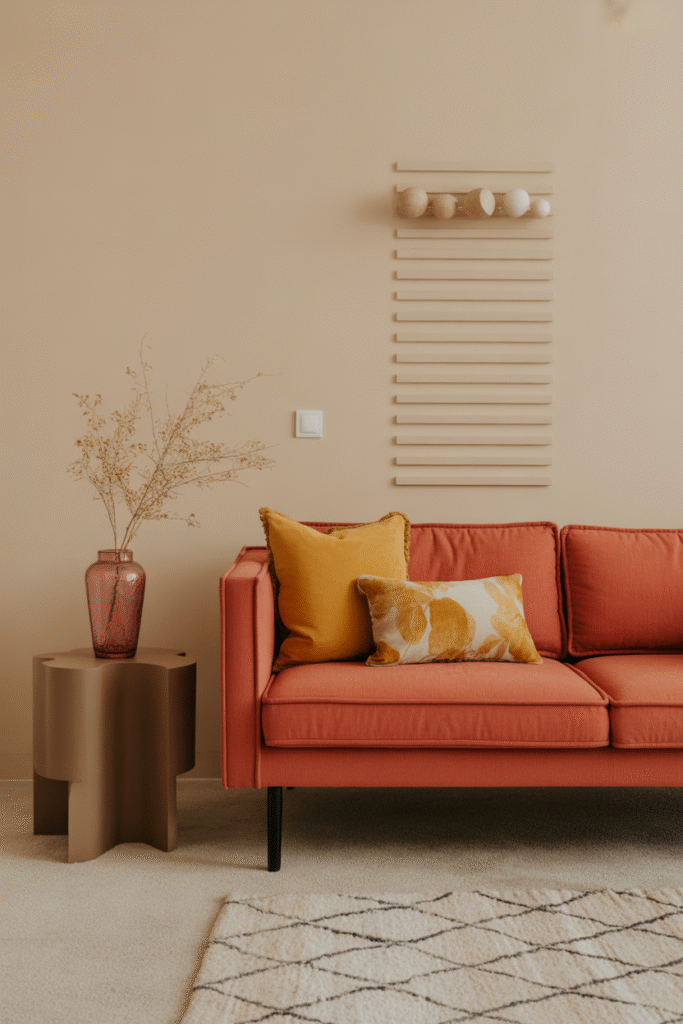 Neutral beige backdrop with bold color pops in pillows and decor