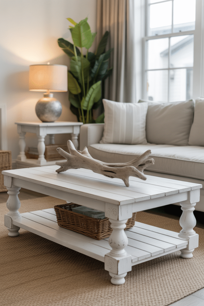A piece of driftwood decorates a coastal-style coffee table in a neutral-toned space.