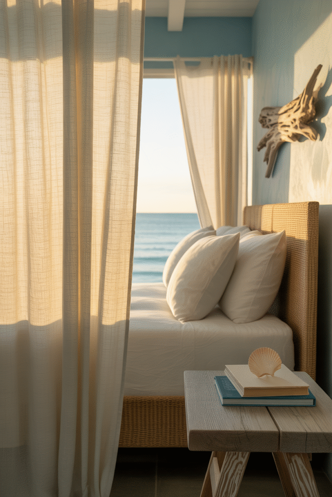 Soft linen curtains filter sunlight into a tranquil, neutral coastal bedroom.