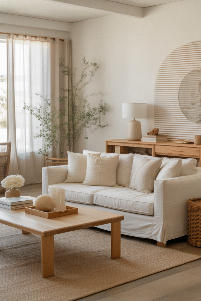 Light-toned wood furniture brightens a breezy coastal living room.