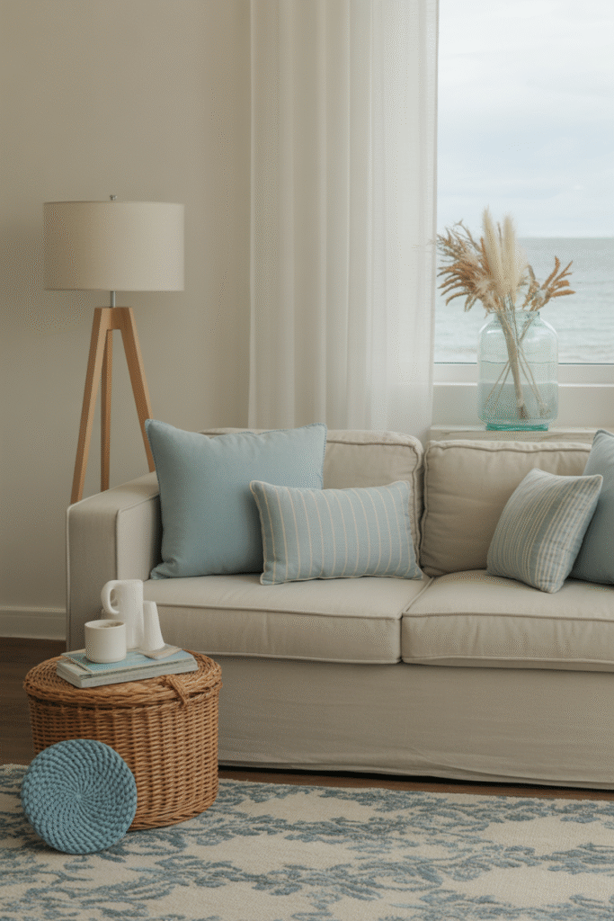 Subtle blue accents add a coastal touch to a calm, neutral space.