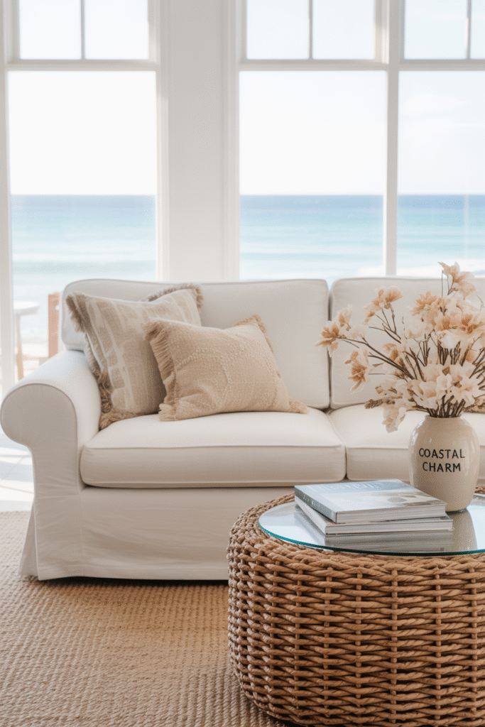 White slipcovered furniture creates a relaxed, beachy living space.