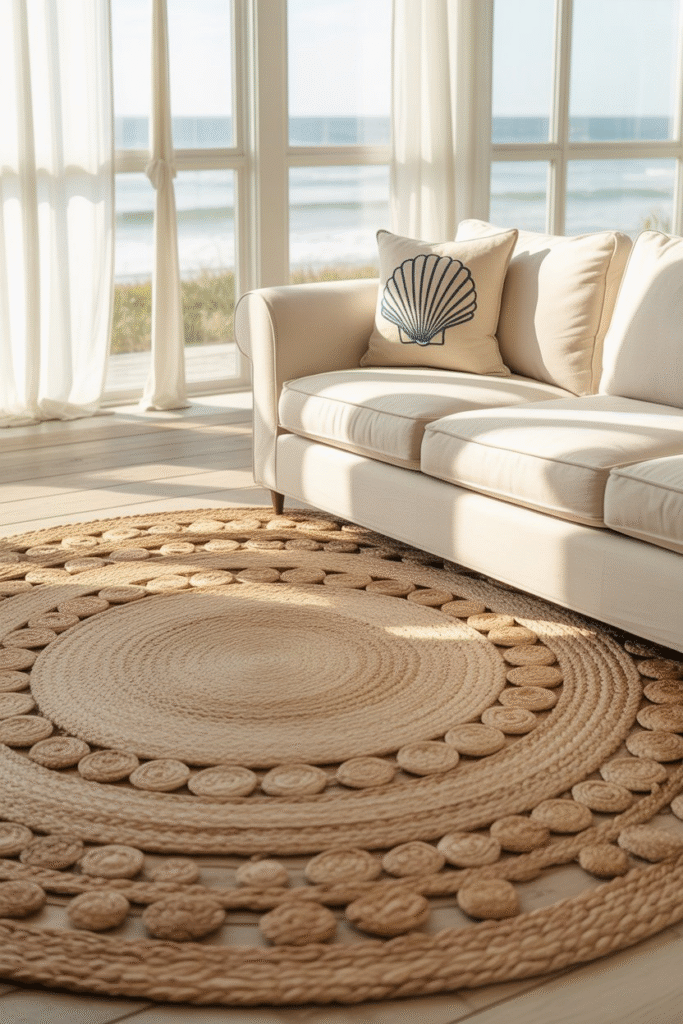 A jute rug anchors a neutral, coastal-inspired room.