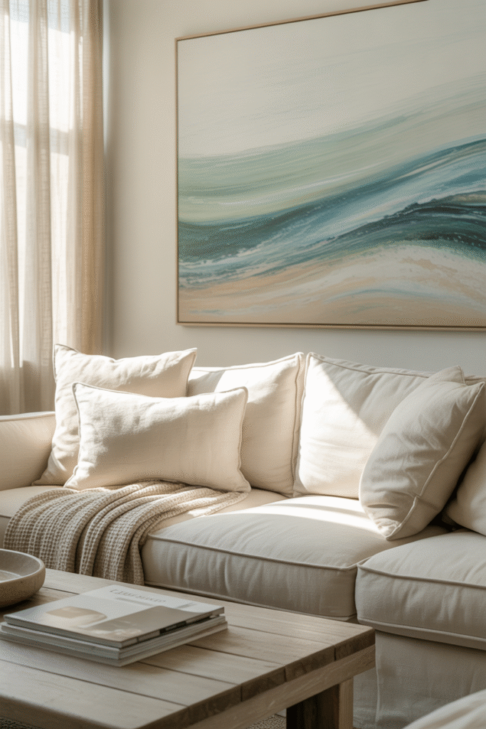 Large seascape artwork brings calm and scale to a neutral living room.