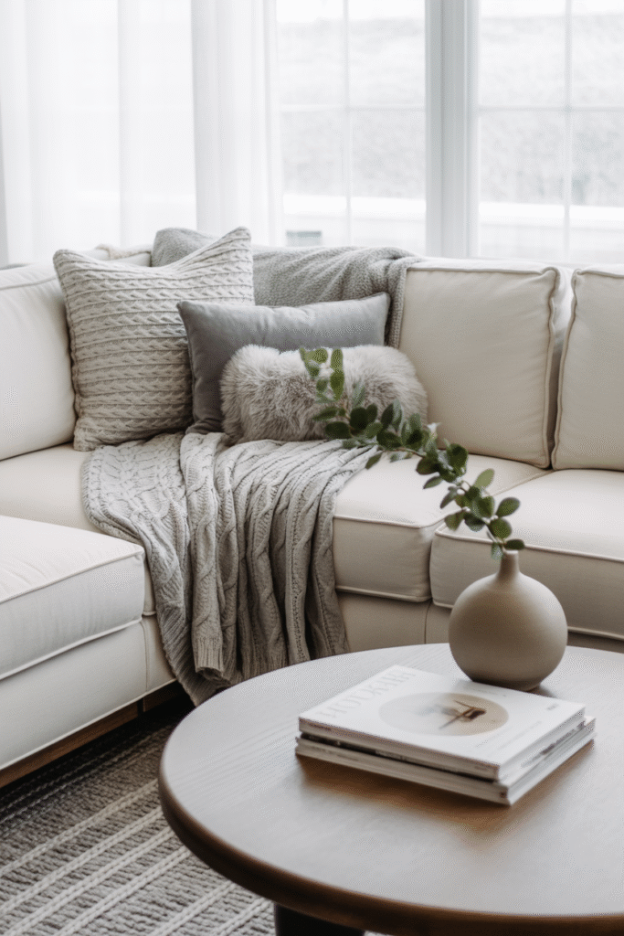 Subtle gray tones add depth to a light, neutral coastal interior.