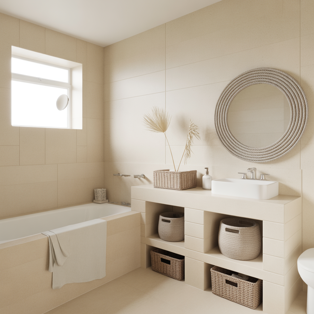 A rope-framed mirror adds nautical texture to a neutral bathroom.