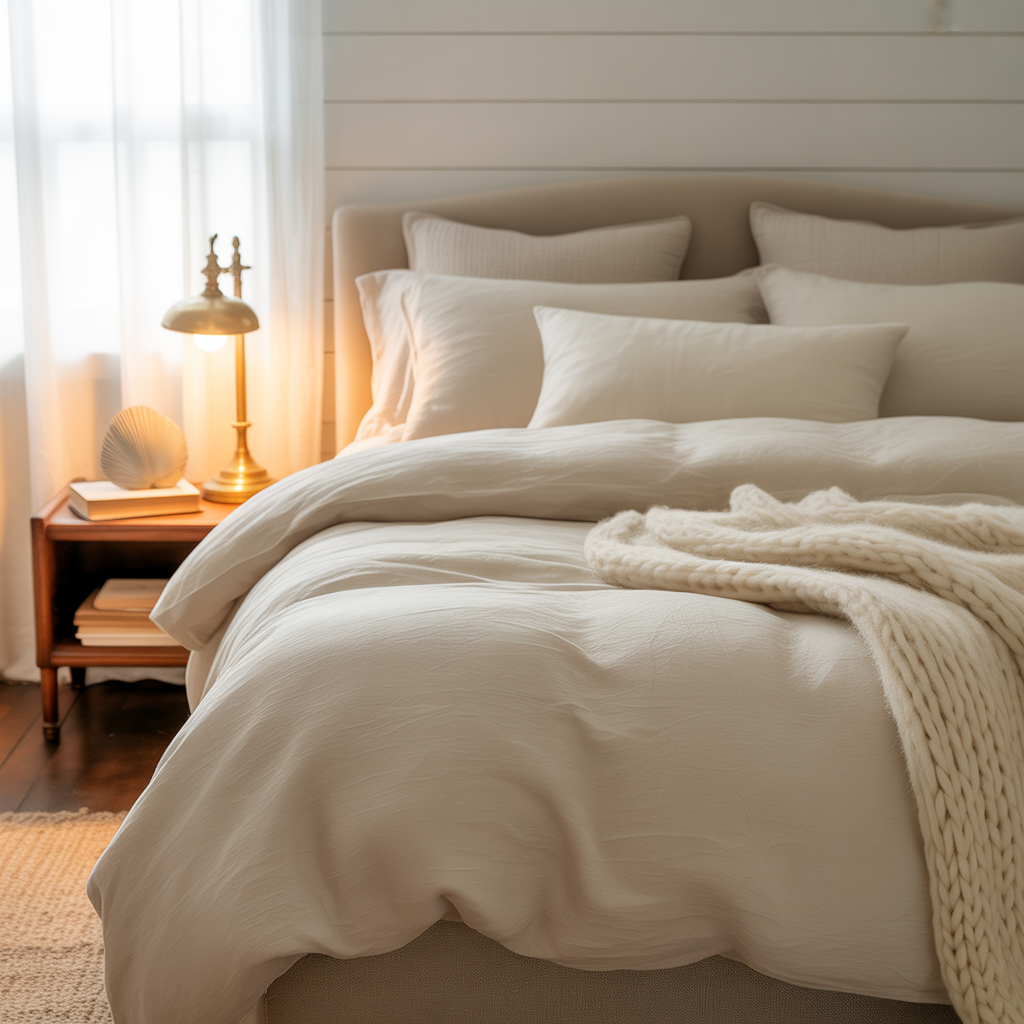 White shiplap walls enhance the light, breezy feel of a coastal bedroom.